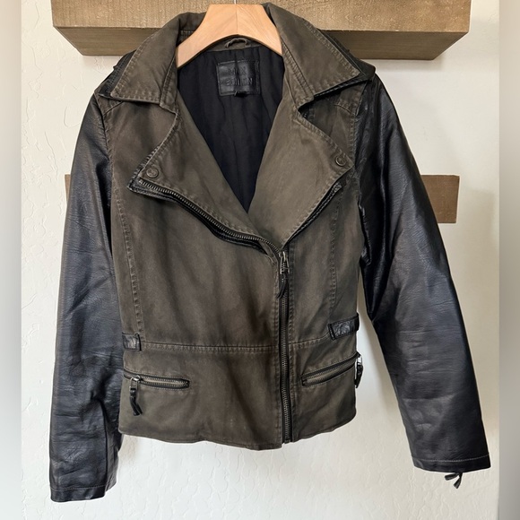 Max Edition|Faux leather & olive canvas utility jacket,color block•••Size Small - Picture 6 of 11